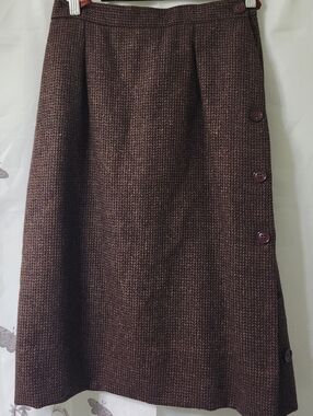 Vintage Brown Wool Tweed Button-Accent Women's Skirt